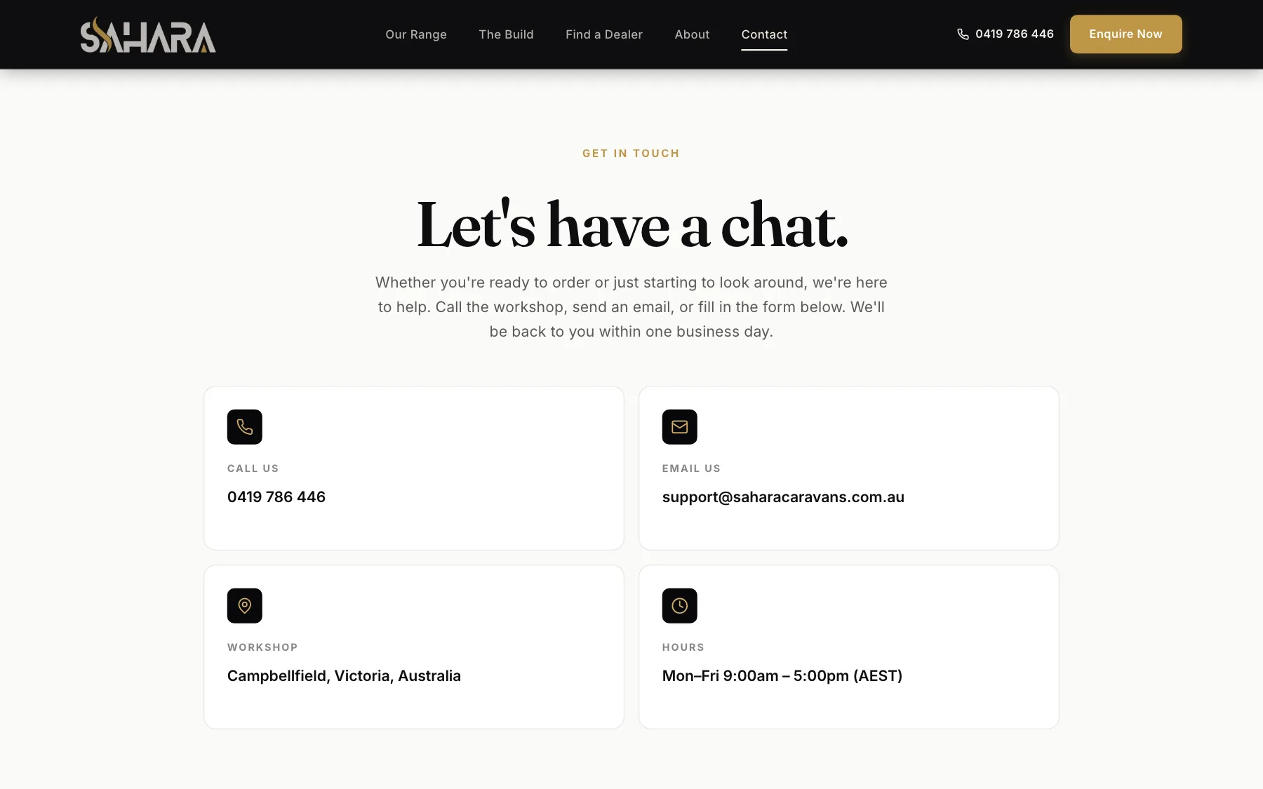 Sahara contact page: phone, email, workshop location and hours