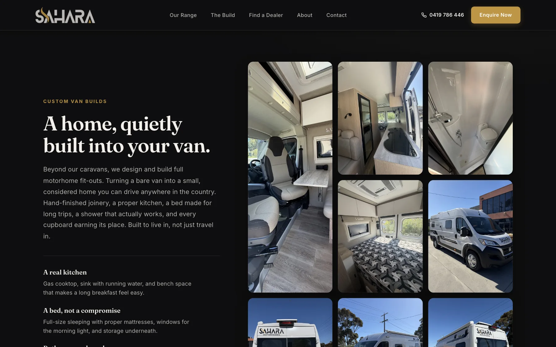 Sahara custom van builds page: A home, quietly built into your van, beside a grid of interior photos