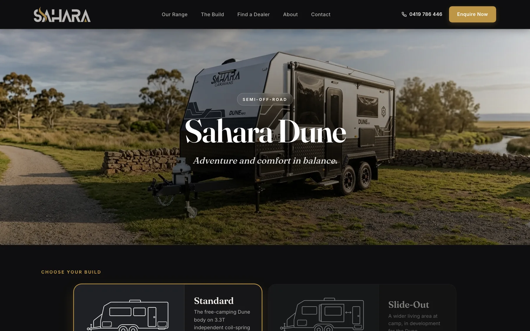 Sahara Dune model page: the van parked beside a track and a stone wall