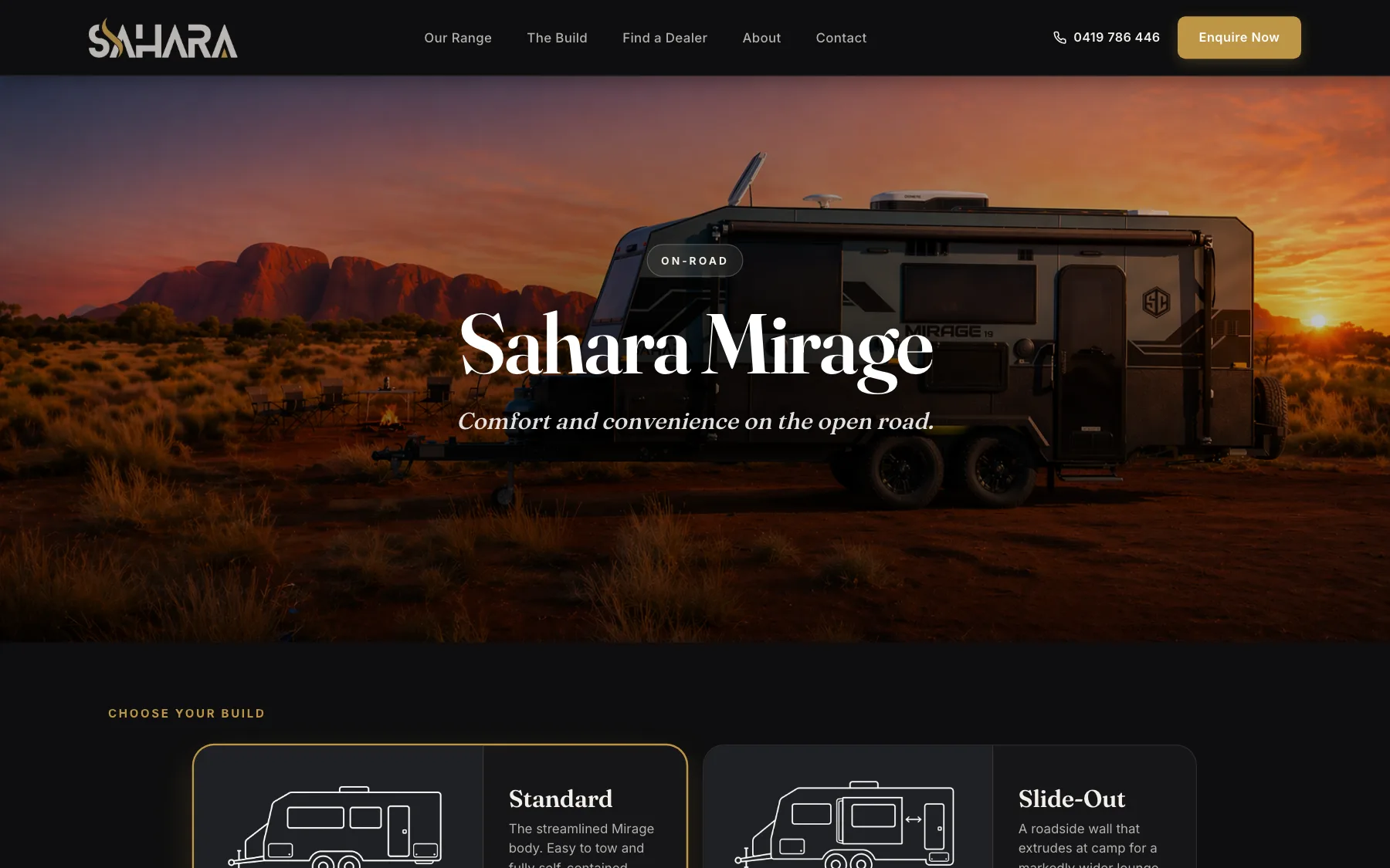 Sahara Mirage model page: the van at sunset under a Choose your build row
