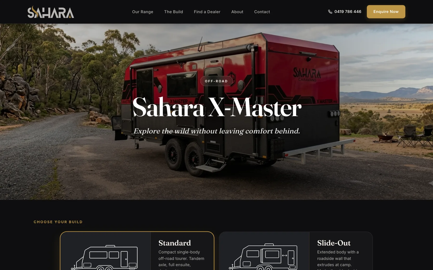 Sahara X-Master model page: the red van in the bush above a Standard or Slide-Out build choice