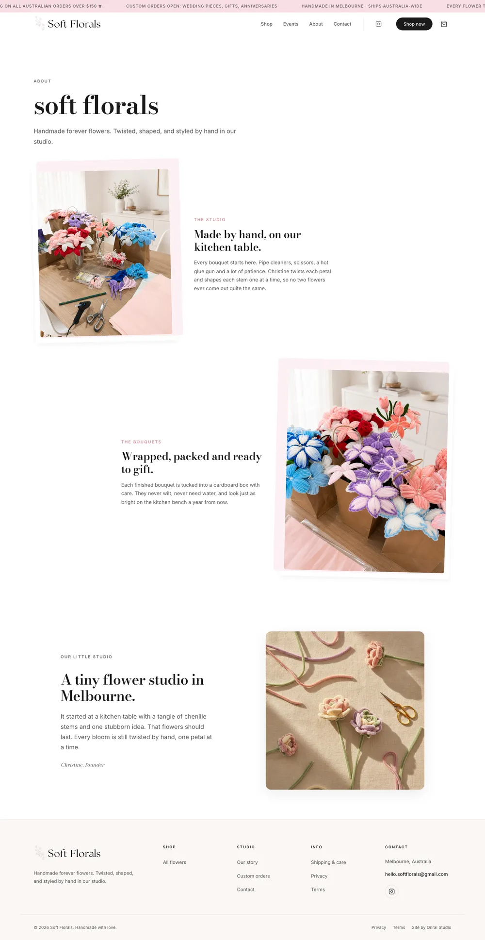 The Soft Florals about page: made by hand on the kitchen table, wrapped and packed to gift, and the studio story