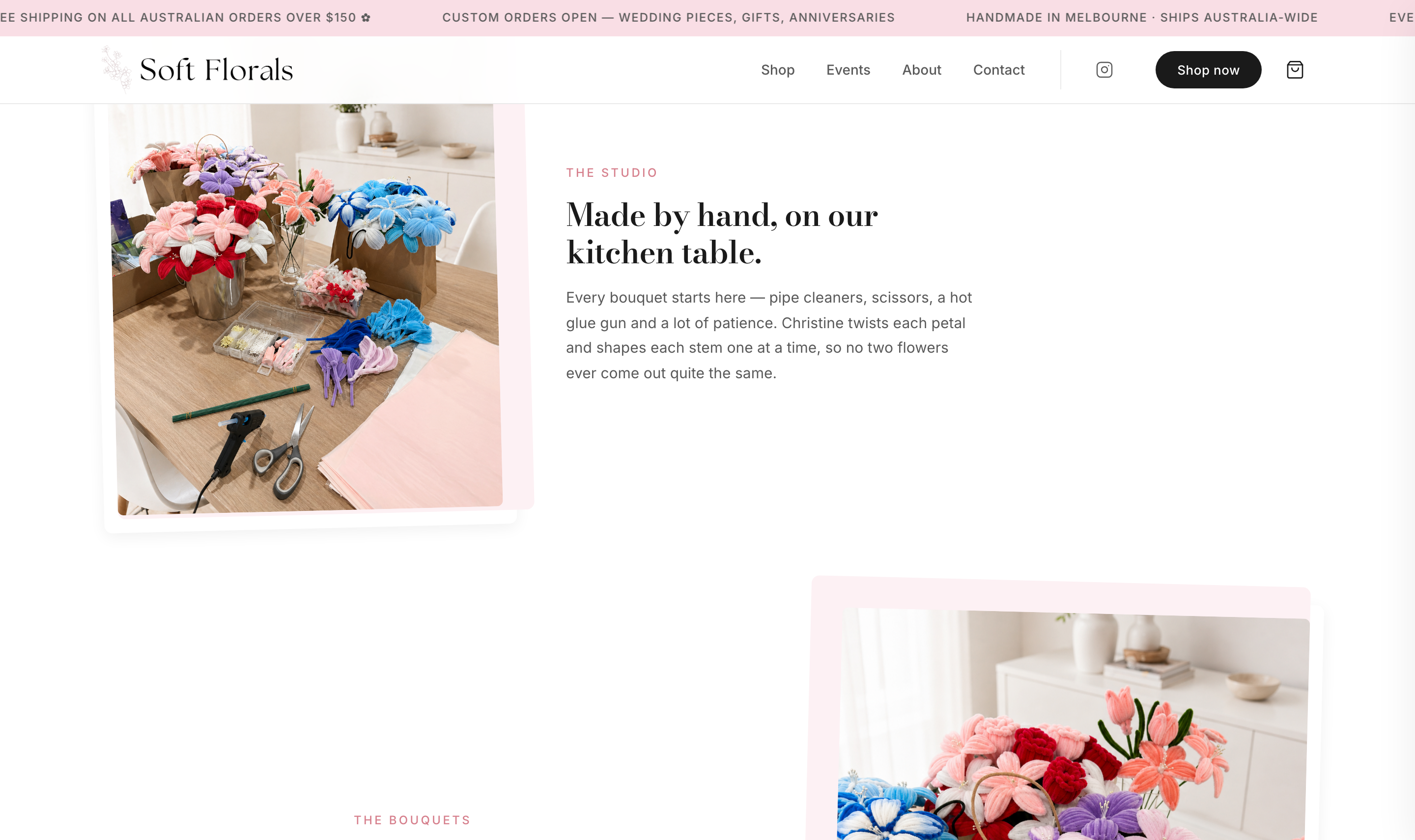 About page — founder story and the studio behind every bouquet.