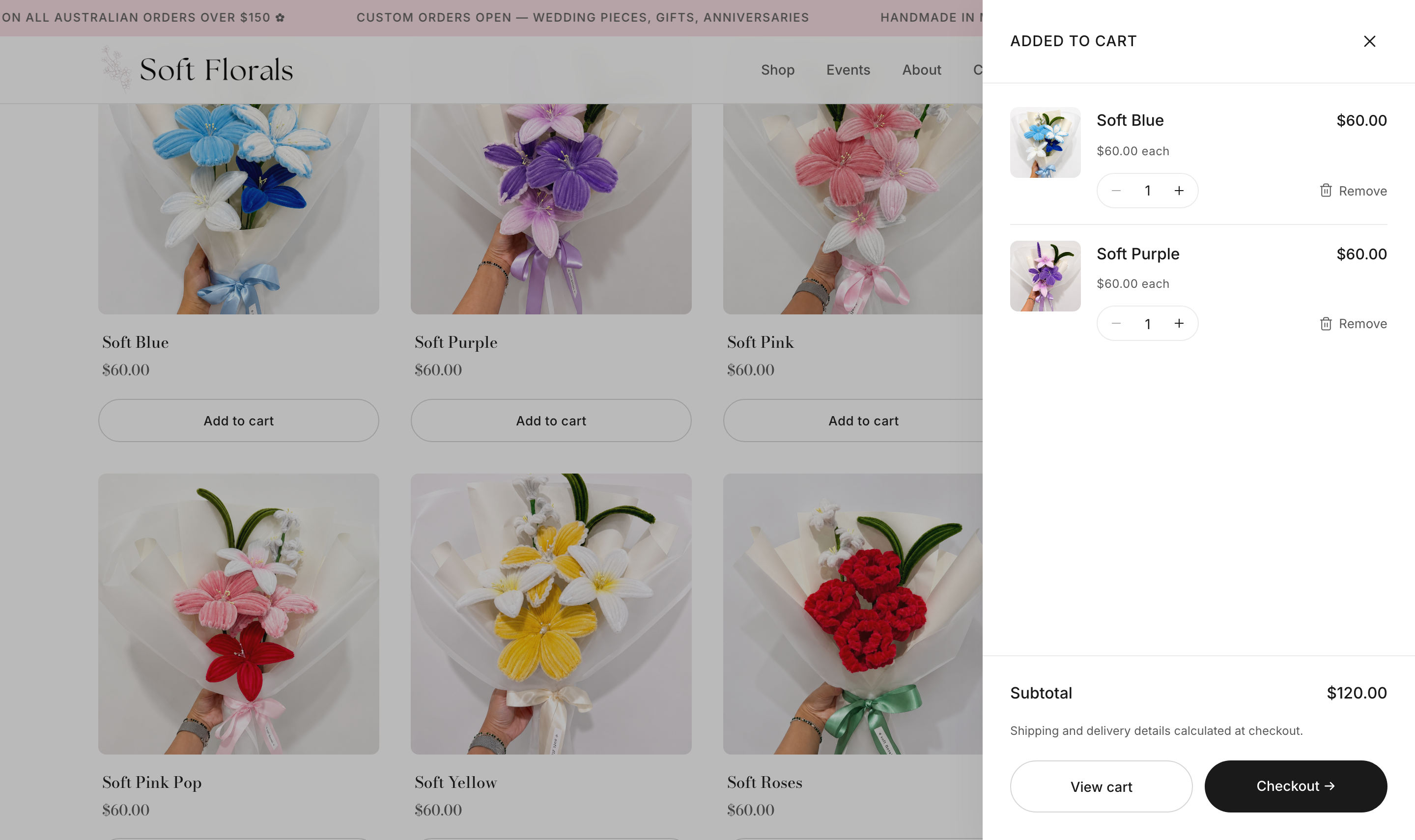 Slide-out cart — pieces queued with a live subtotal.