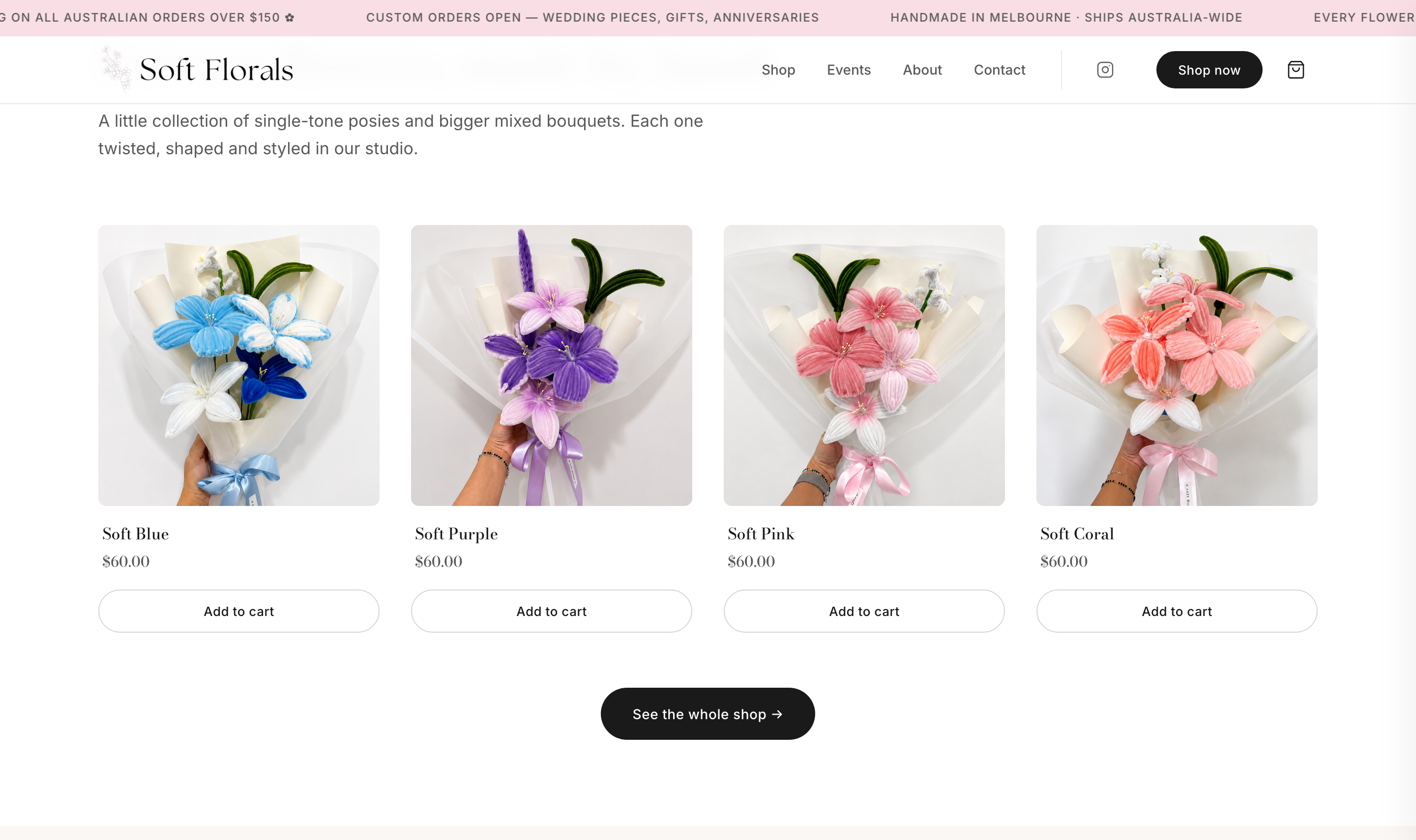 Collection grid — four hand-twisted pieces with inline add-to-cart.
