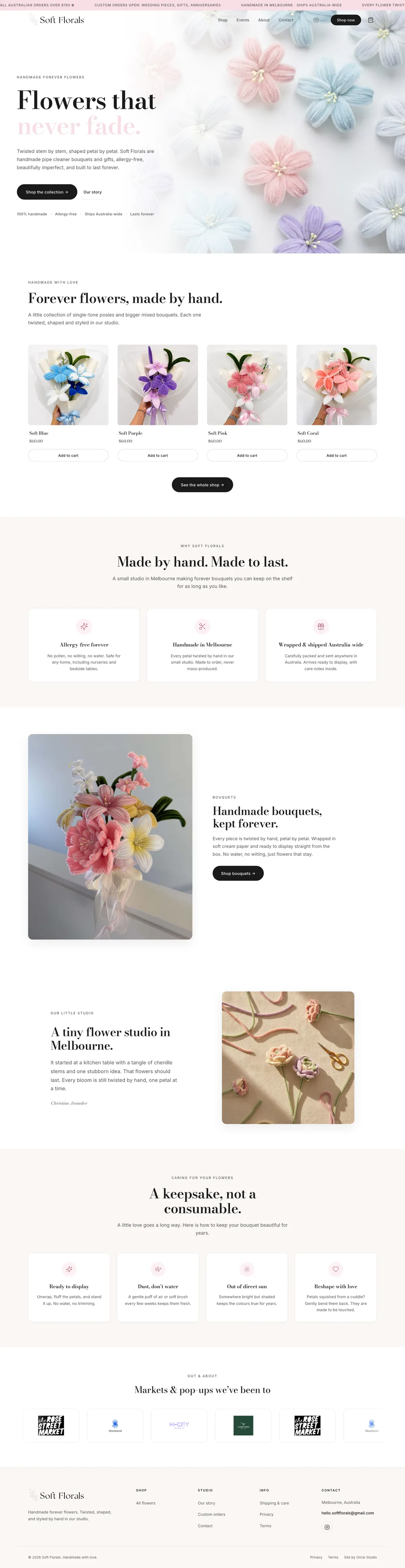 The Soft Florals homepage from the hero down: the collection, why Soft Florals, the studio story, care tips and the markets they have been to