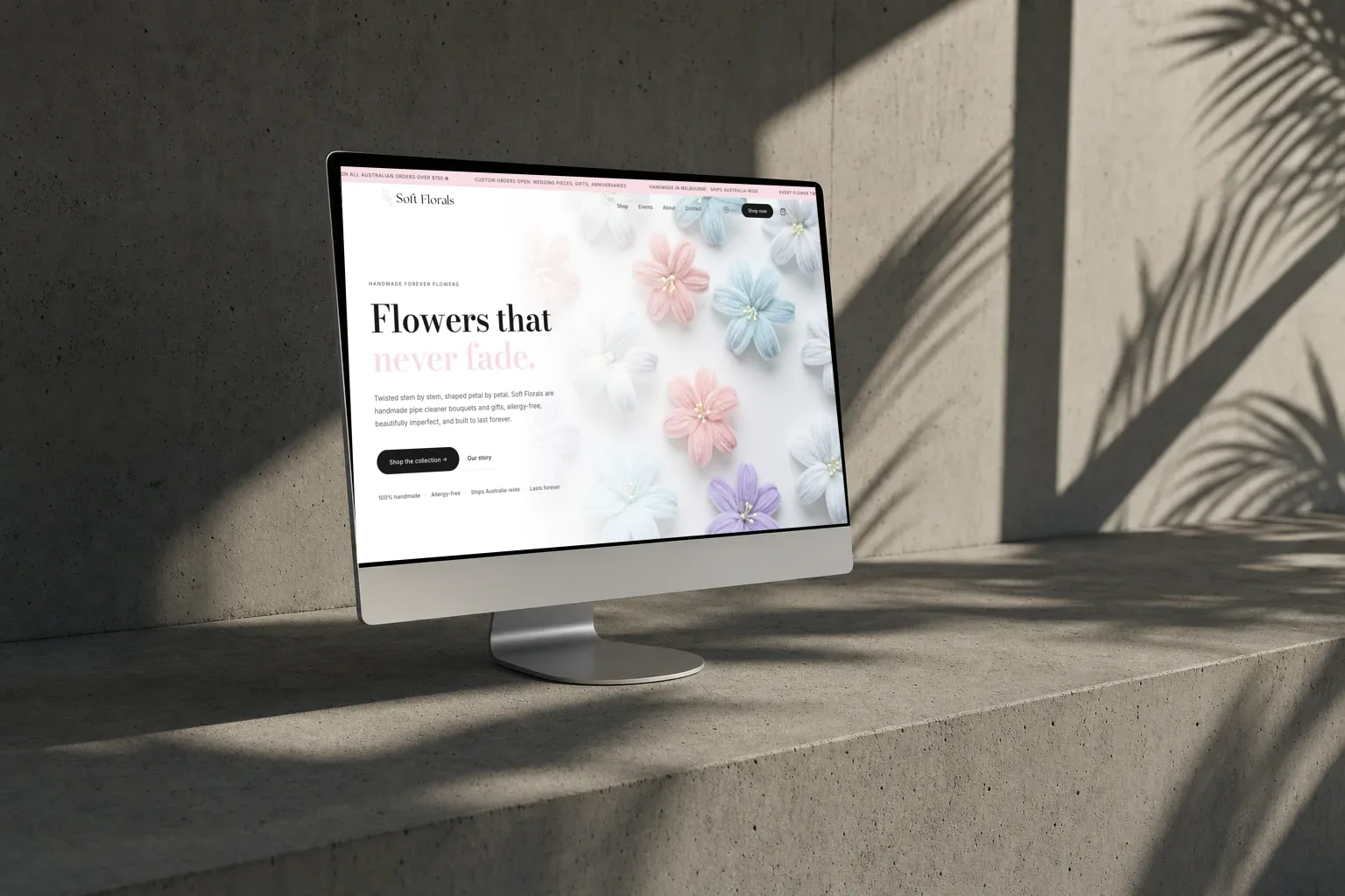 The Soft Florals homepage, Flowers that never fade, on a desktop screen