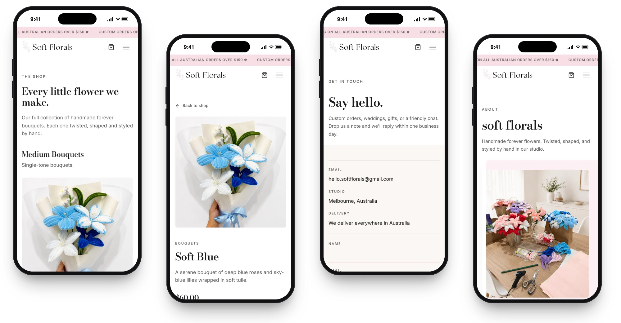 Soft Florals on phones: the shop, the Soft Blue product page, contact and about