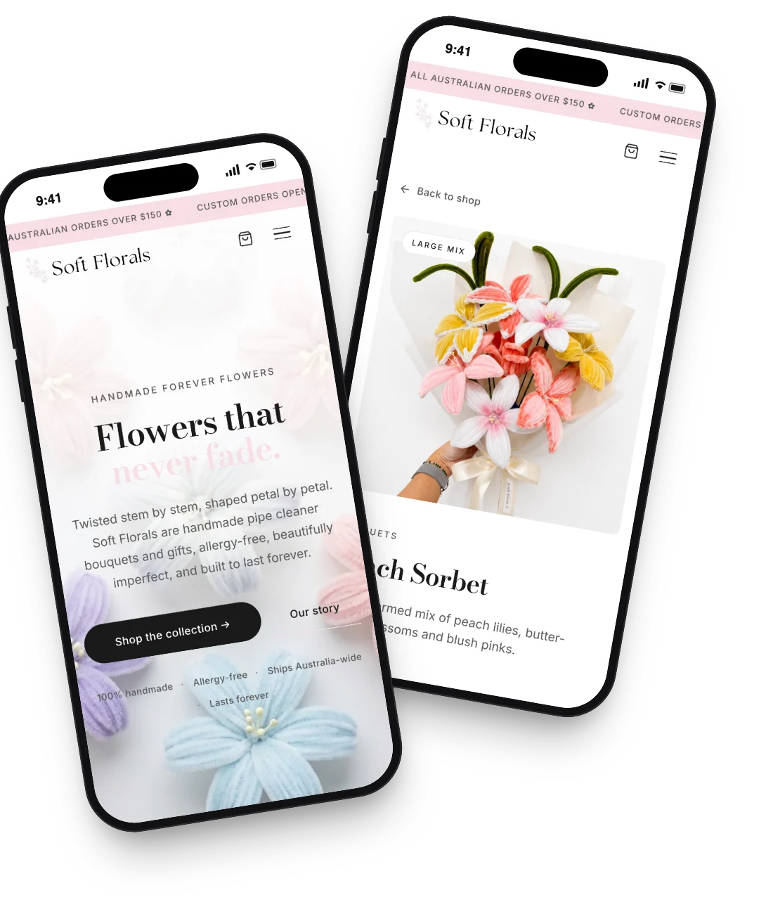 The Soft Florals homepage and the Peach Sorbet product page on two phones