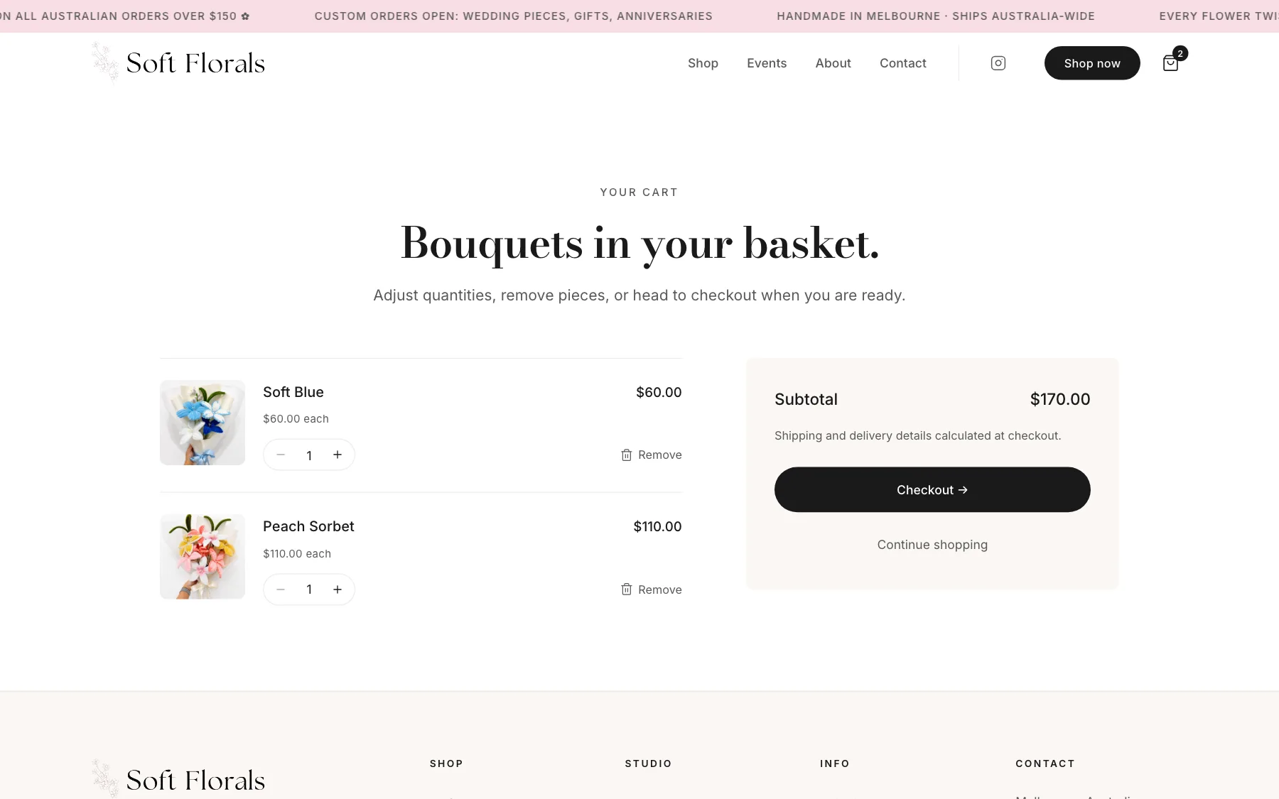 Soft Florals cart with two bouquets and a $170 subtotal
