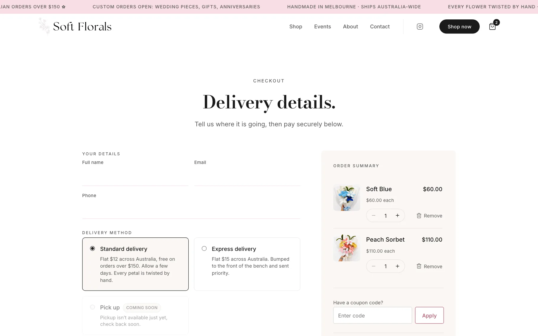 Soft Florals checkout: delivery details and method beside an order summary with two bouquets and a coupon field