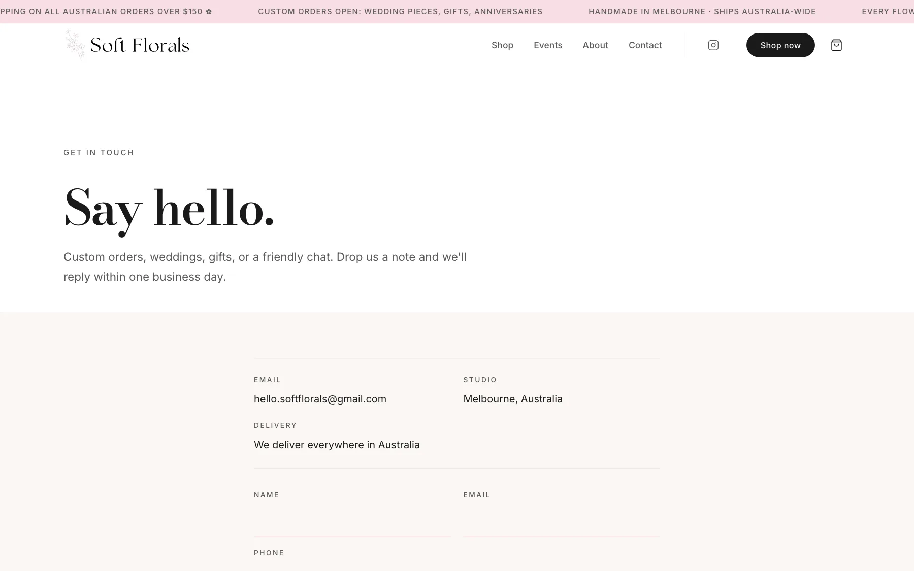 Soft Florals contact page: Say hello, with the studio email and an enquiry form