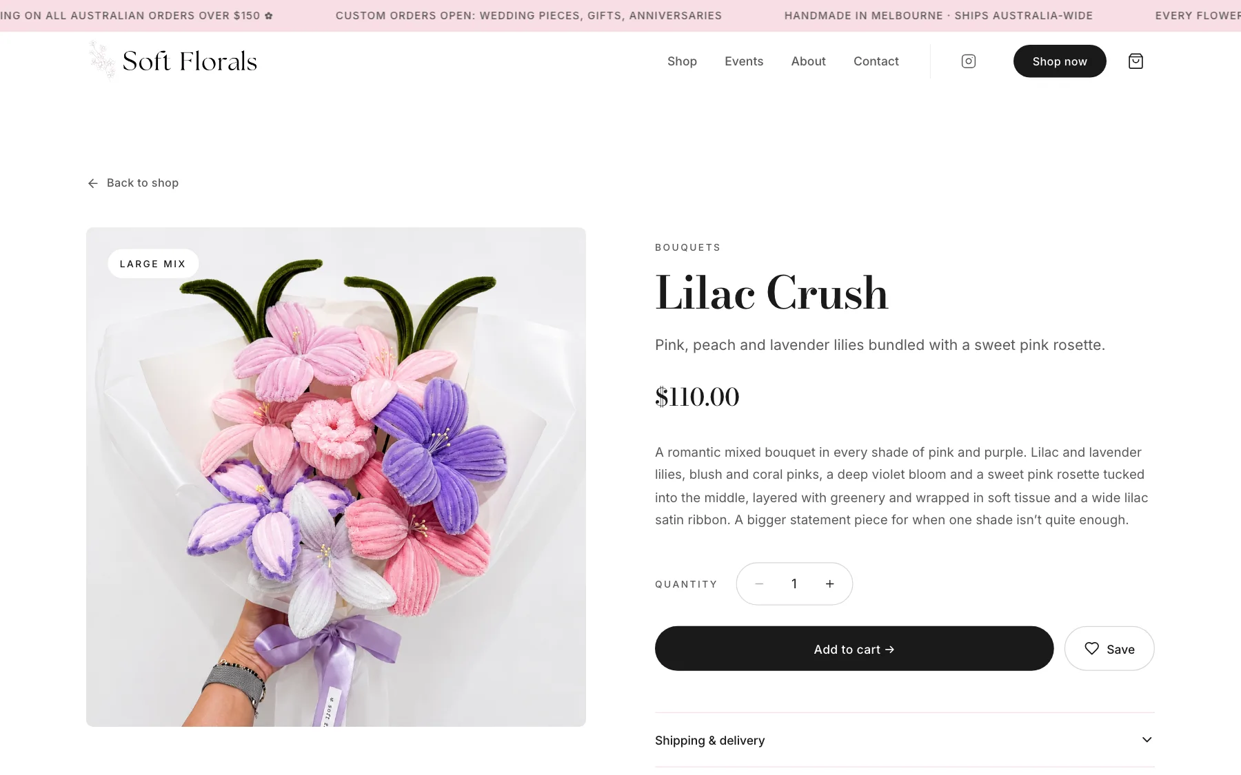 Soft Florals product page for Lilac Crush, a large mixed bouquet