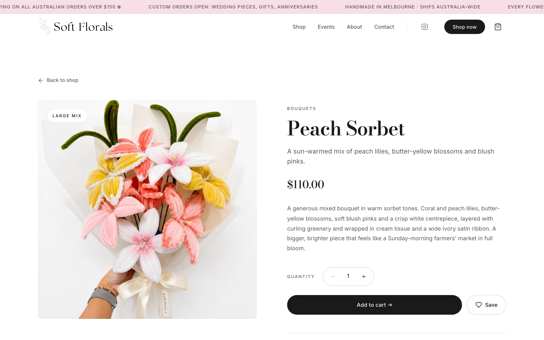 Soft Florals product page for Peach Sorbet, a large mixed bouquet at $110