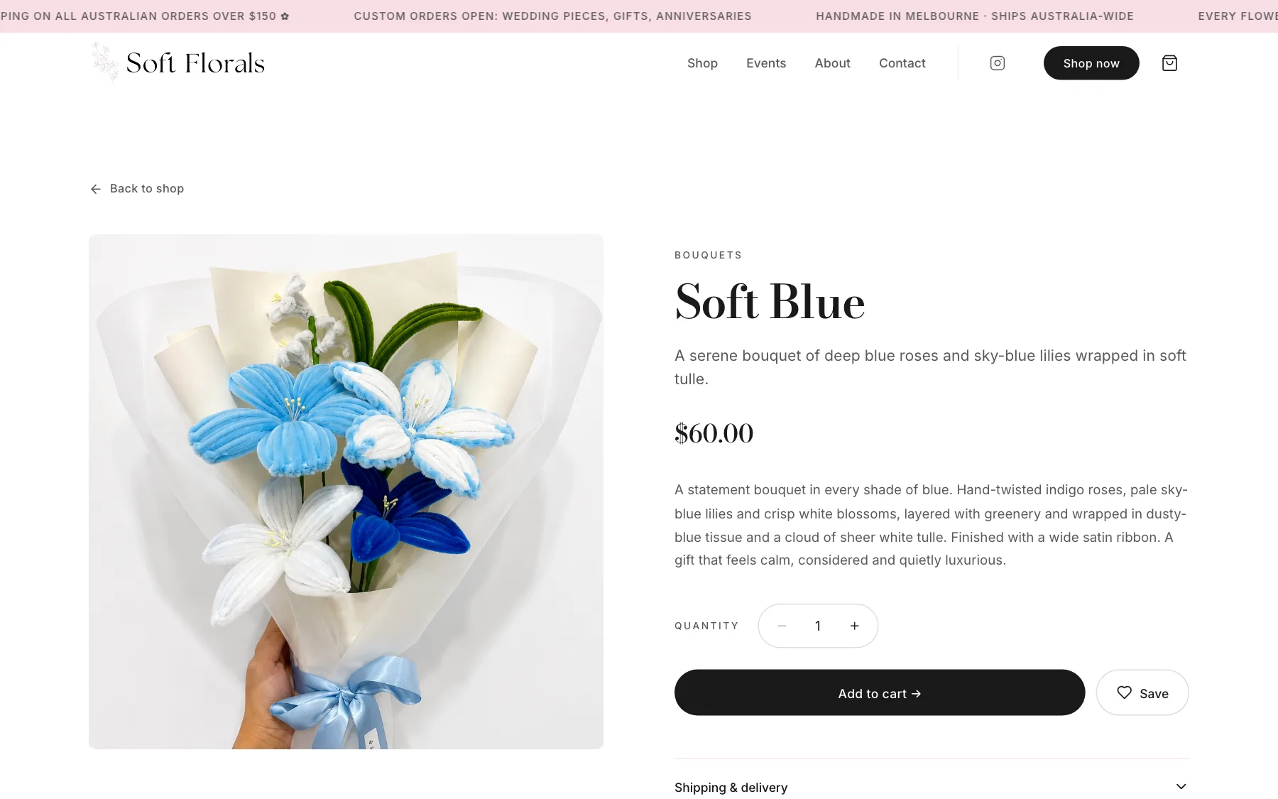 Soft Florals product page for Soft Blue: photo, $60 price, quantity and Add to cart