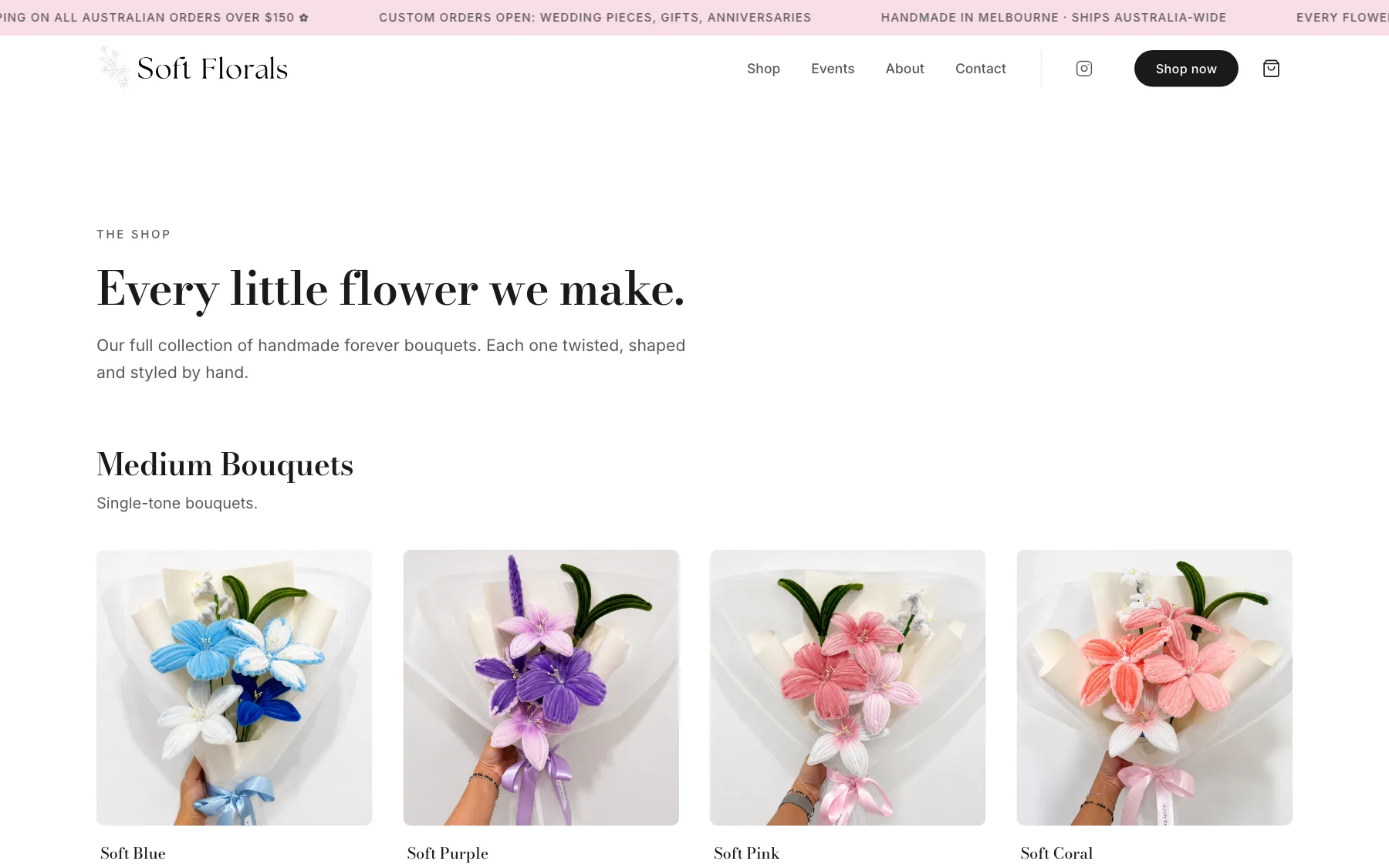Soft Florals shop page: Every little flower we make, with the medium bouquets in a row