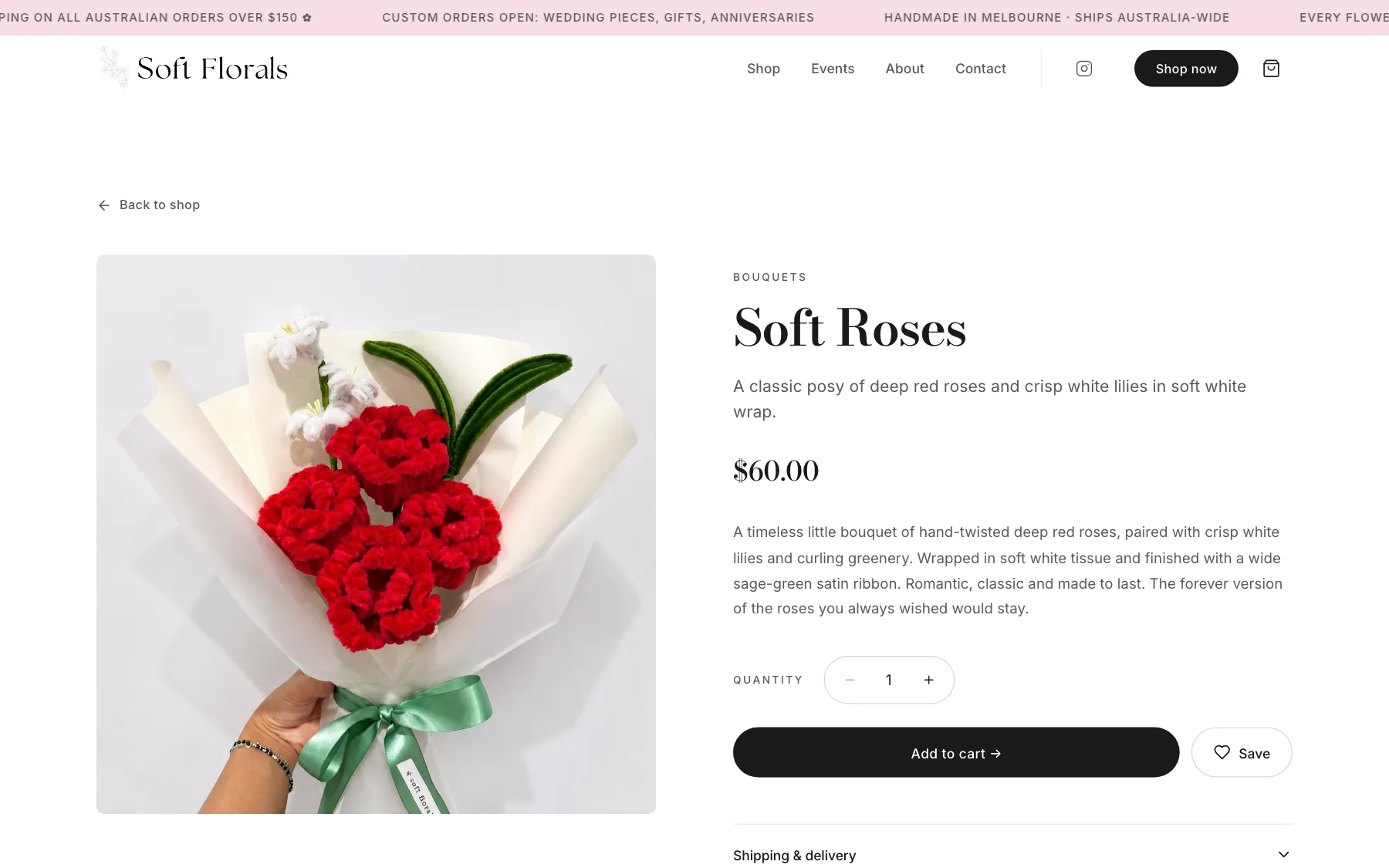 Soft Florals product page for Soft Roses, red roses and white lilies