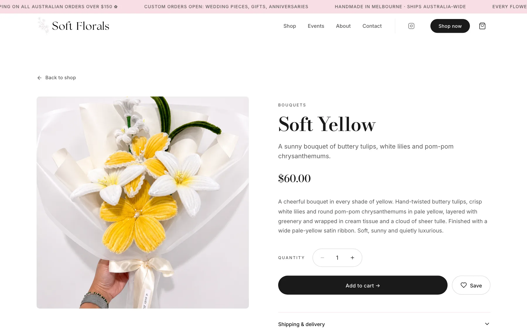 Soft Florals product page for Soft Yellow, a medium bouquet of tulips and lilies
