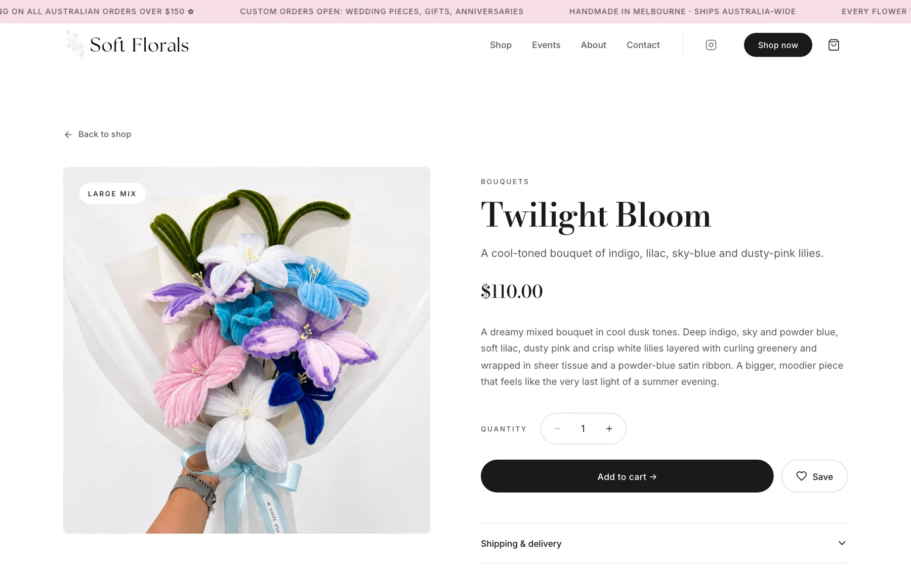 Soft Florals product page for Twilight Bloom, a large bouquet in indigo and lilac