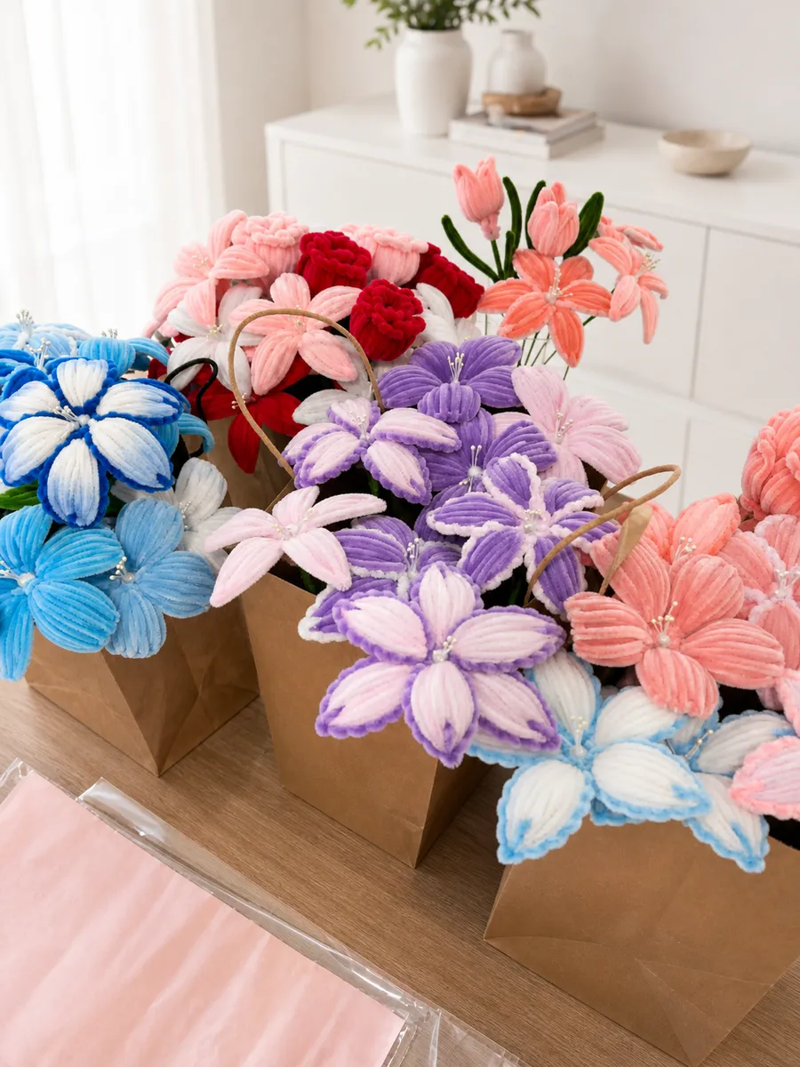 Soft Florals bouquets packed in paper bags, ready to send
