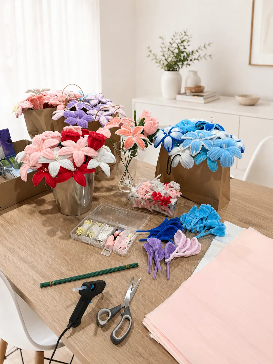 Finished Soft Florals bouquets on the kitchen table they are made at, beside a glue gun and scissors
