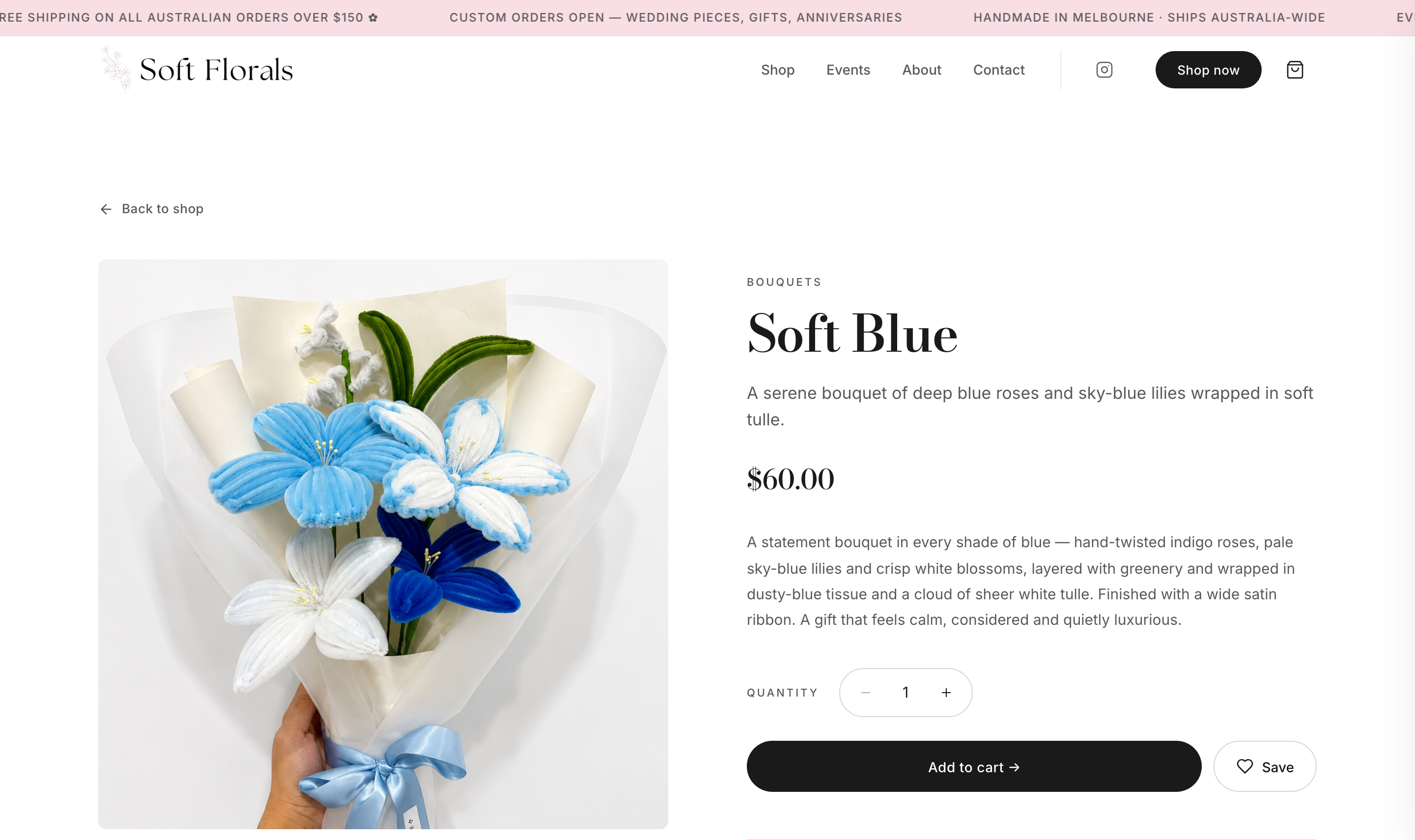 Product page — hero, story, and add-to-cart for every bouquet.