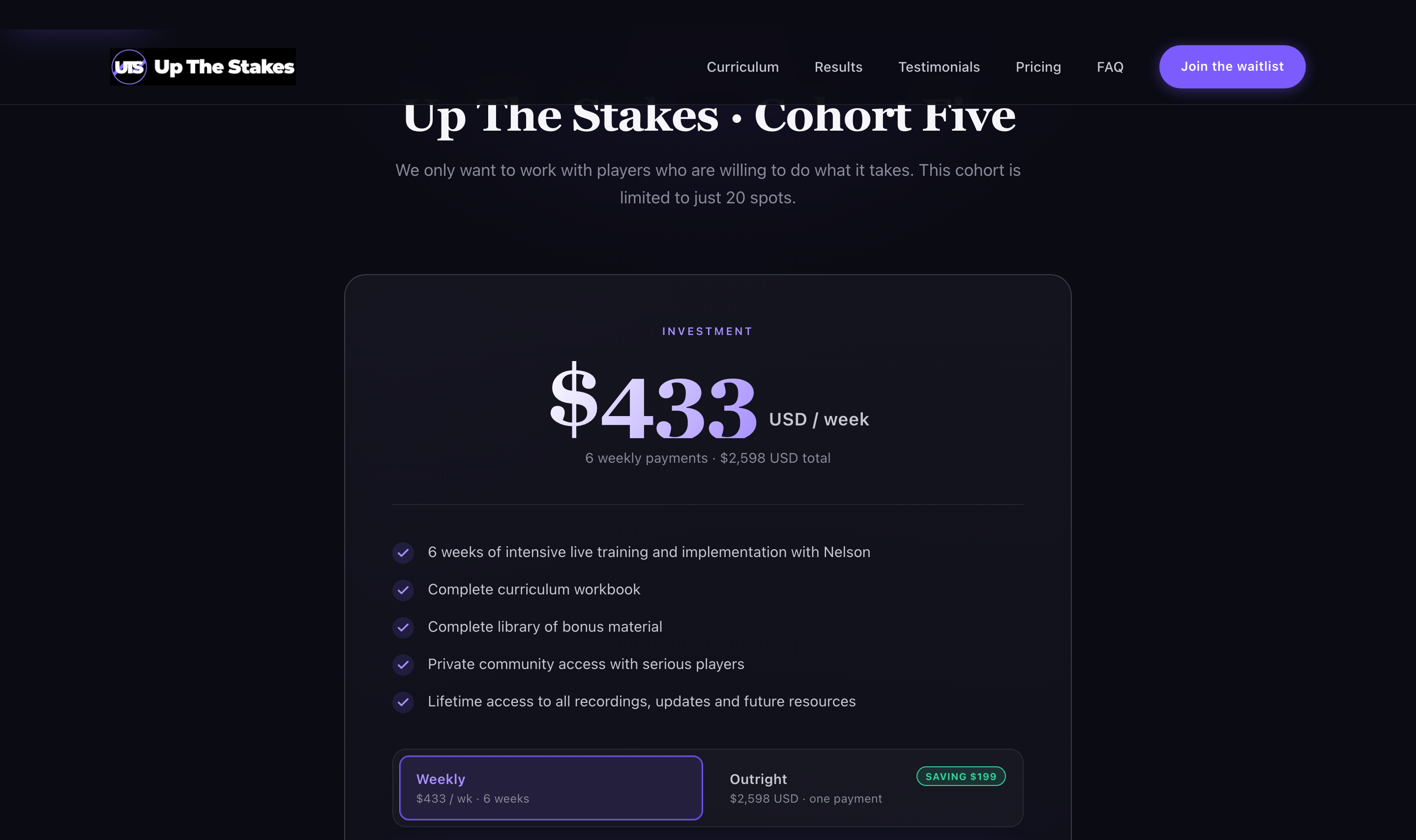 Investment — $433/wk or $2,598 outright, weekly vs one payment.
