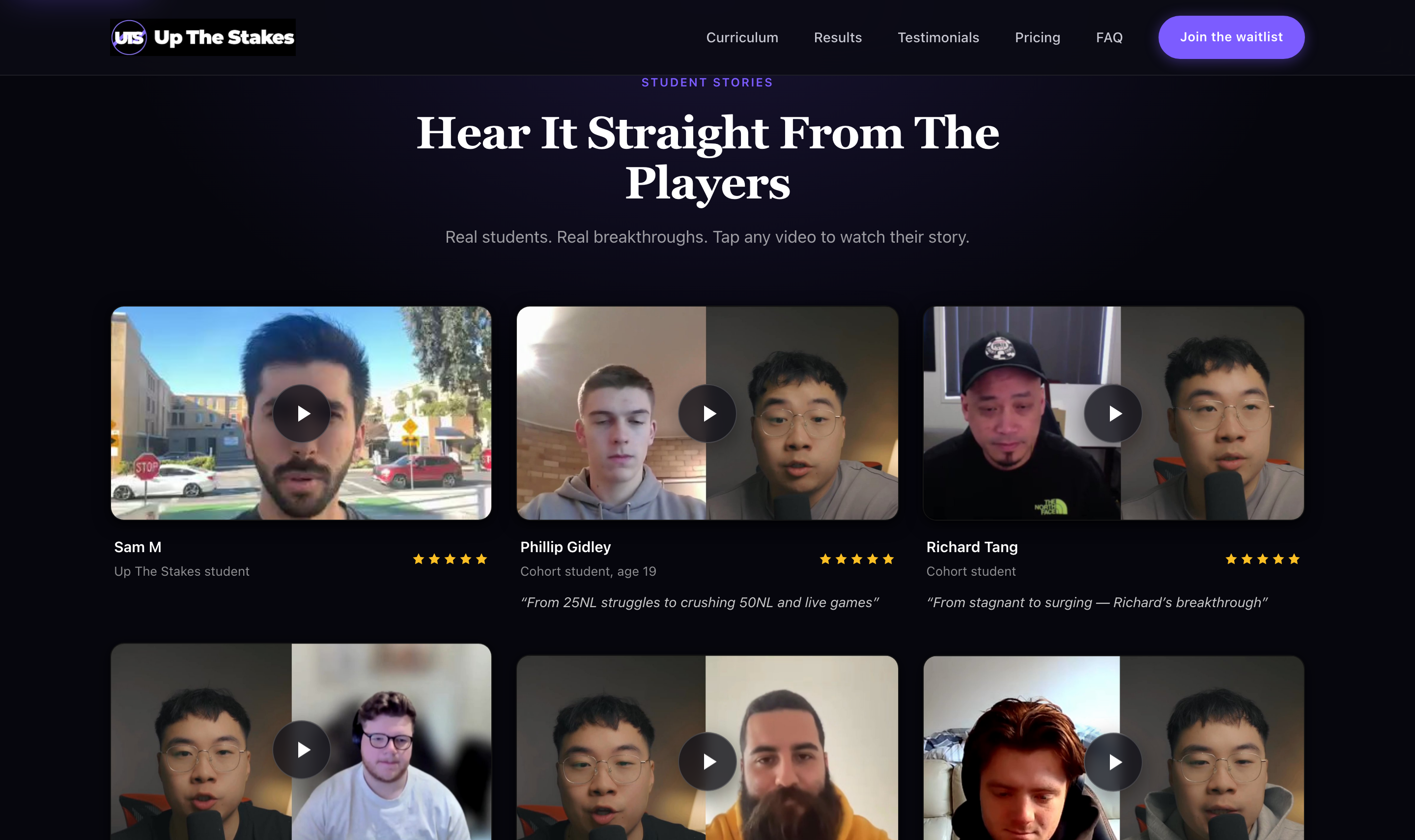 Student stories — tap-to-play video breakthroughs, five stars each.