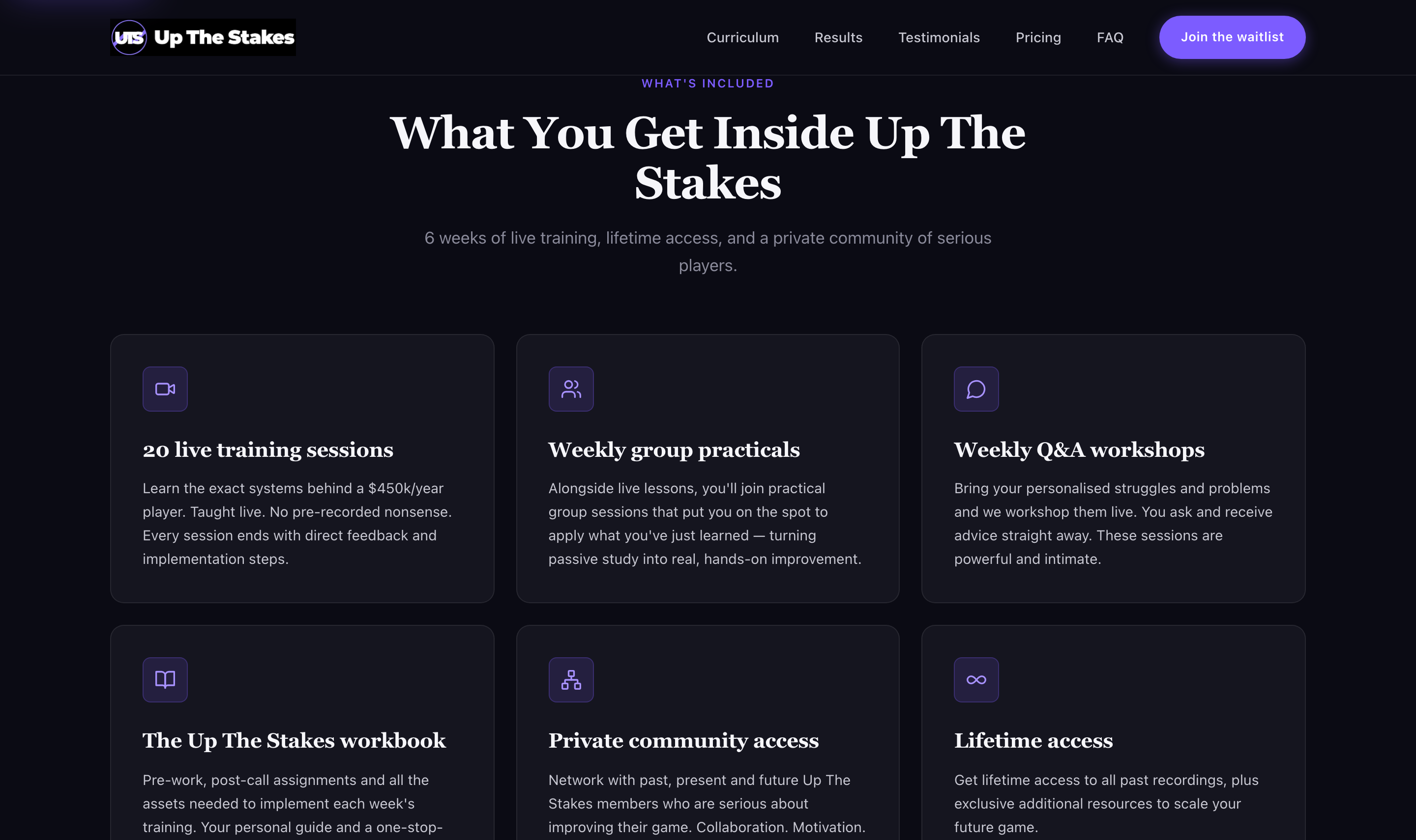 What's inside — 20 live sessions, workbook, community, lifetime access.