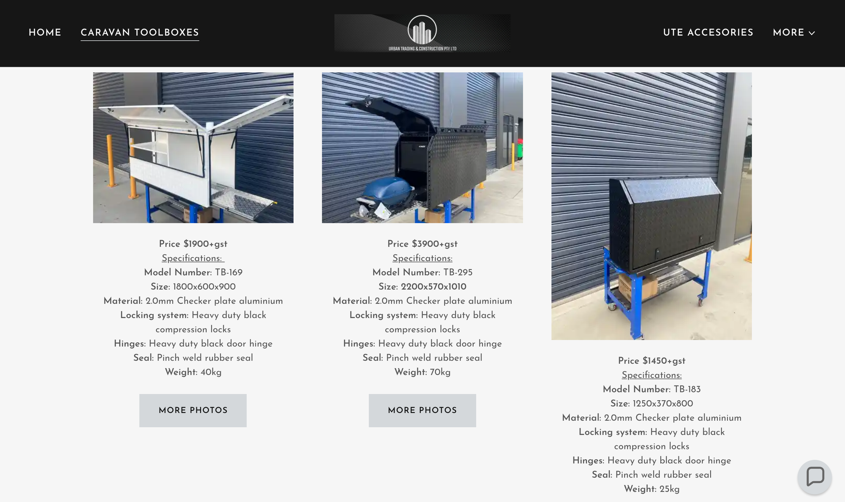 The previous Urban Toolboxes caravan range — a photo and specification list for each model