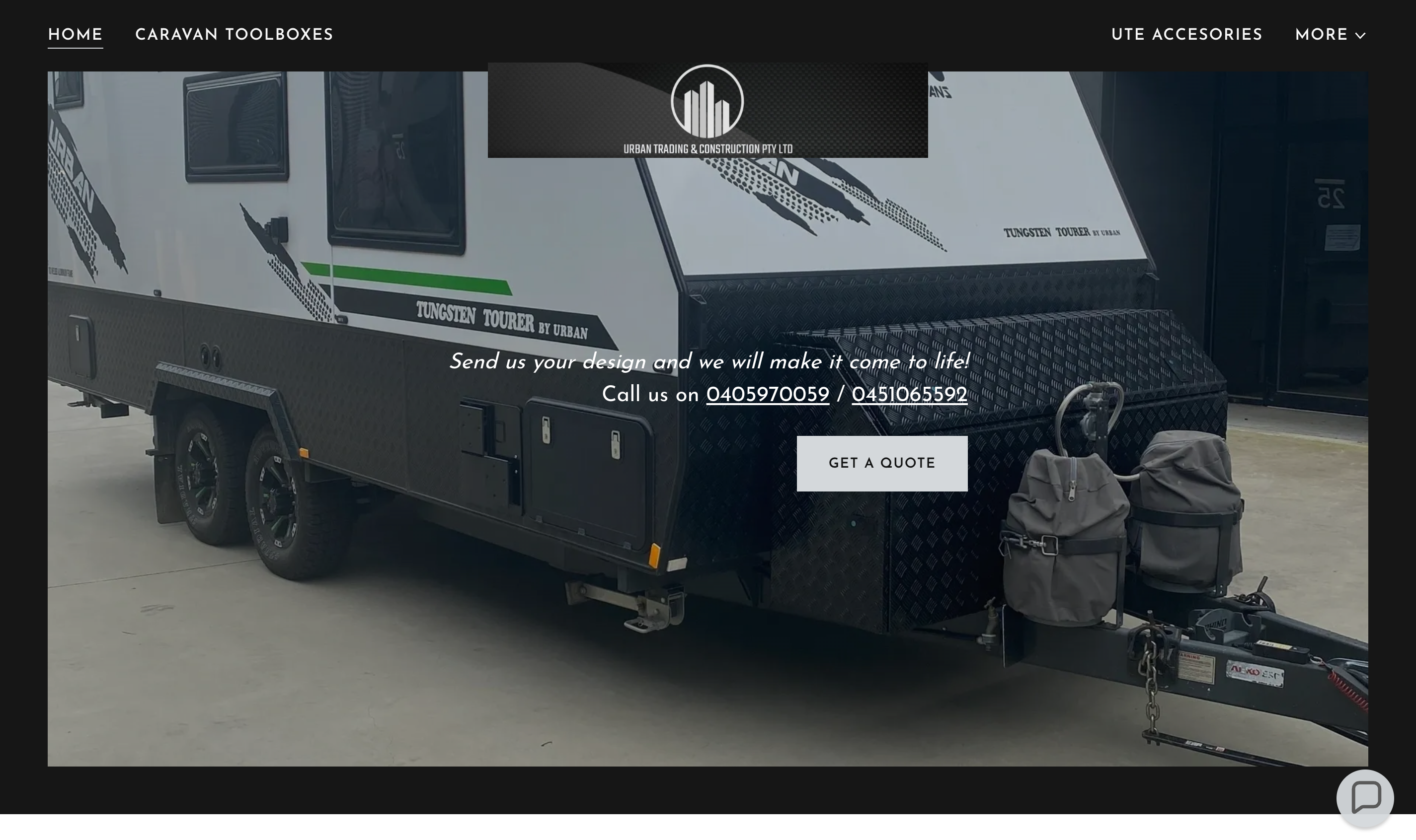 The previous Urban Toolboxes homepage — a full-width caravan photo with phone numbers and a Get a Quote button