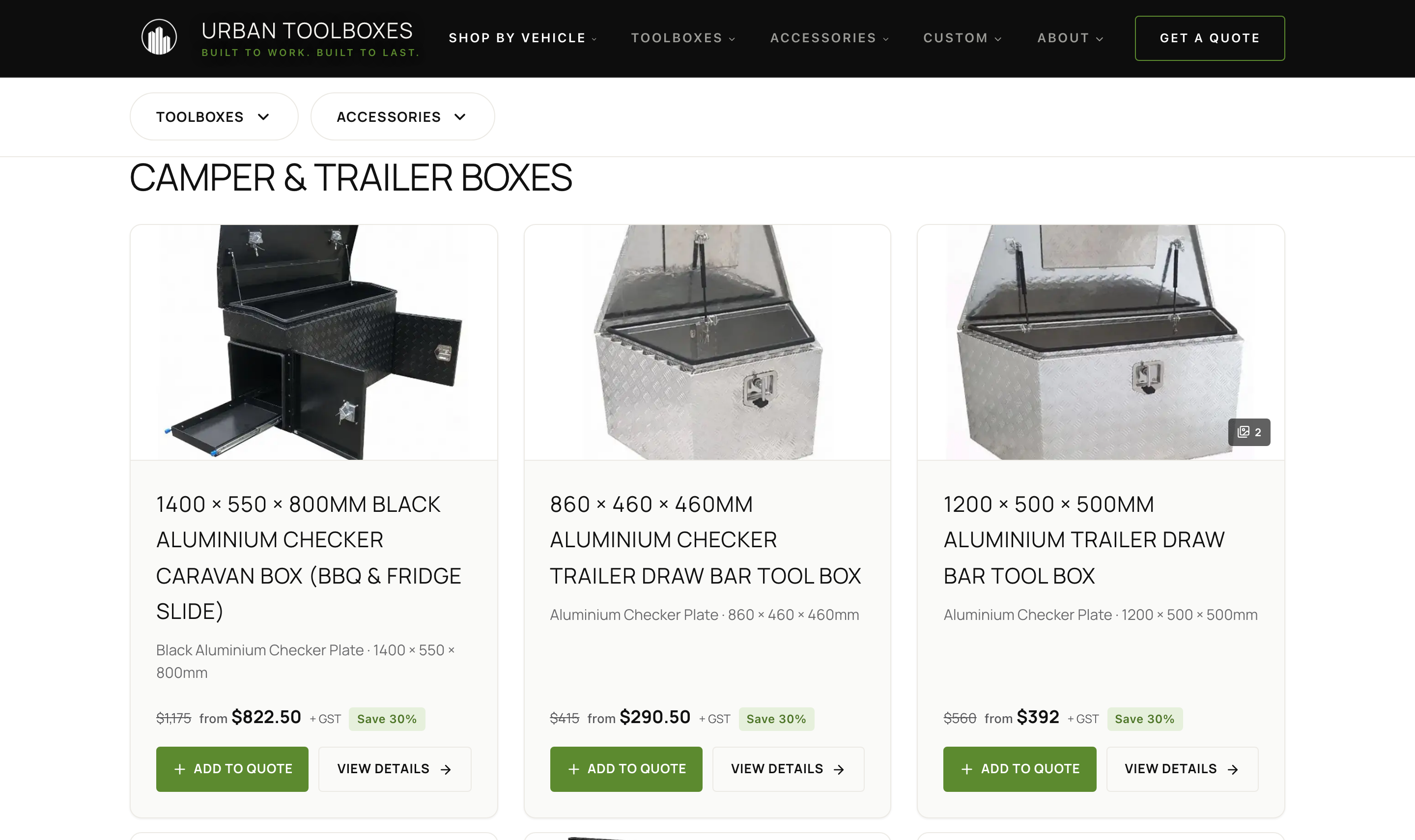 The new Urban Toolboxes caravan range — filterable product cards with pricing and an Add to Quote button