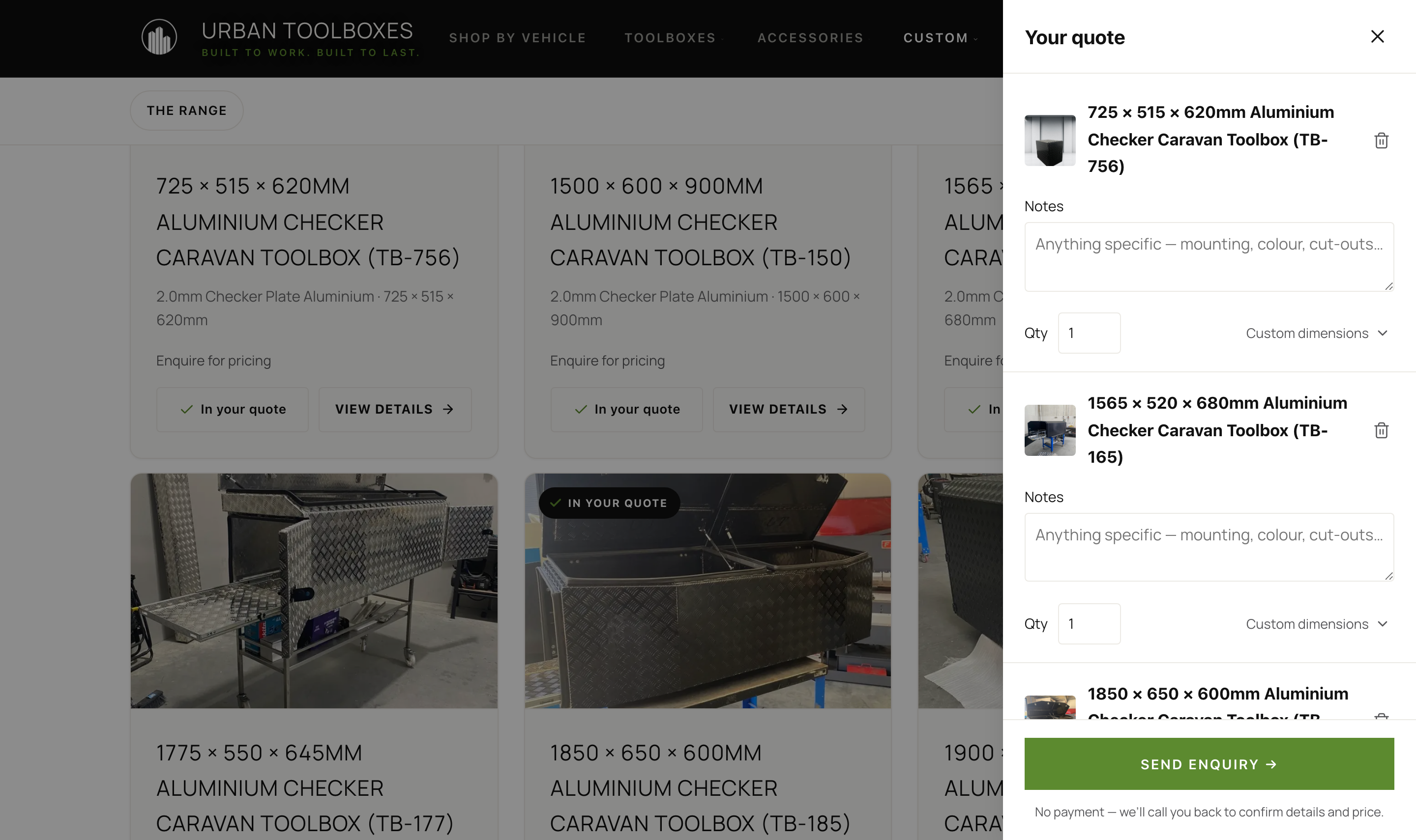 The quote drawer — notes, quantity and custom sizes per line.
