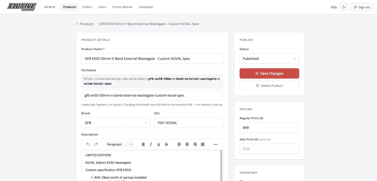 Editing a product in the same dashboard — brand, SKU, description, pricing, and publish controls, all editable without touching code.