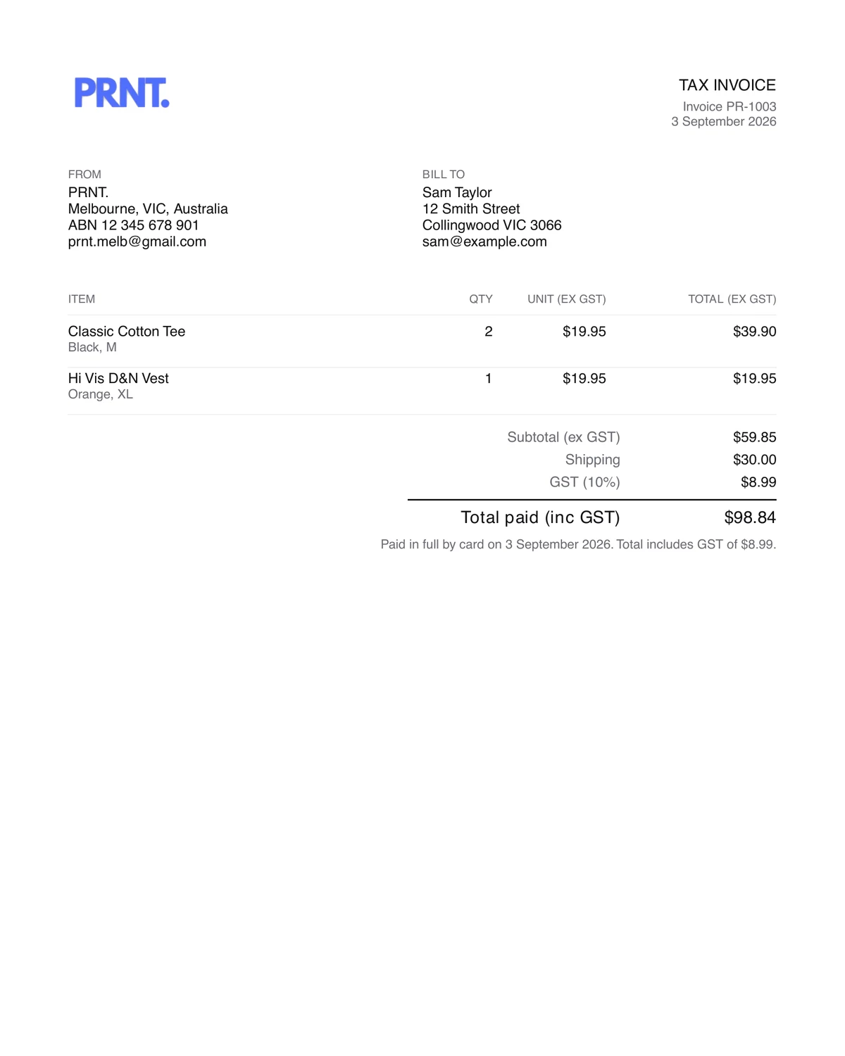 The PDF tax invoice attached to that email — seller and buyer details, line items, GST and total, generated by code from the order.