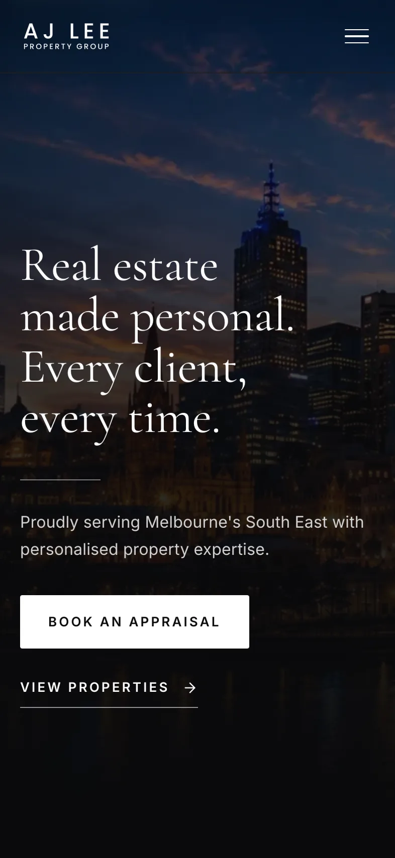 AJ Lee Property Group on a phone — stacked headline, tap menu, and full-width Book an Appraisal button.